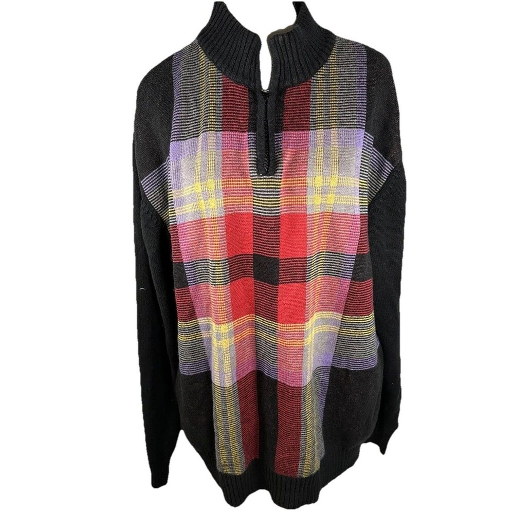 Peletti Sweater Mens XL 1/4 Zip Multi color Plaid Mock Neck Long Sleeve Grandpa